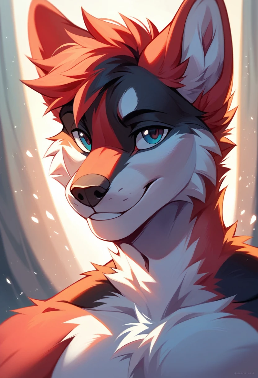 solo male, white hyeena furry, smiling, red fur, Black fur stripe, netral, illustration, portrait, beautiful, particles (high quality,4k,8k,highres,masterpiece:1.2), ultra-detailed, impressionistic:colorful,