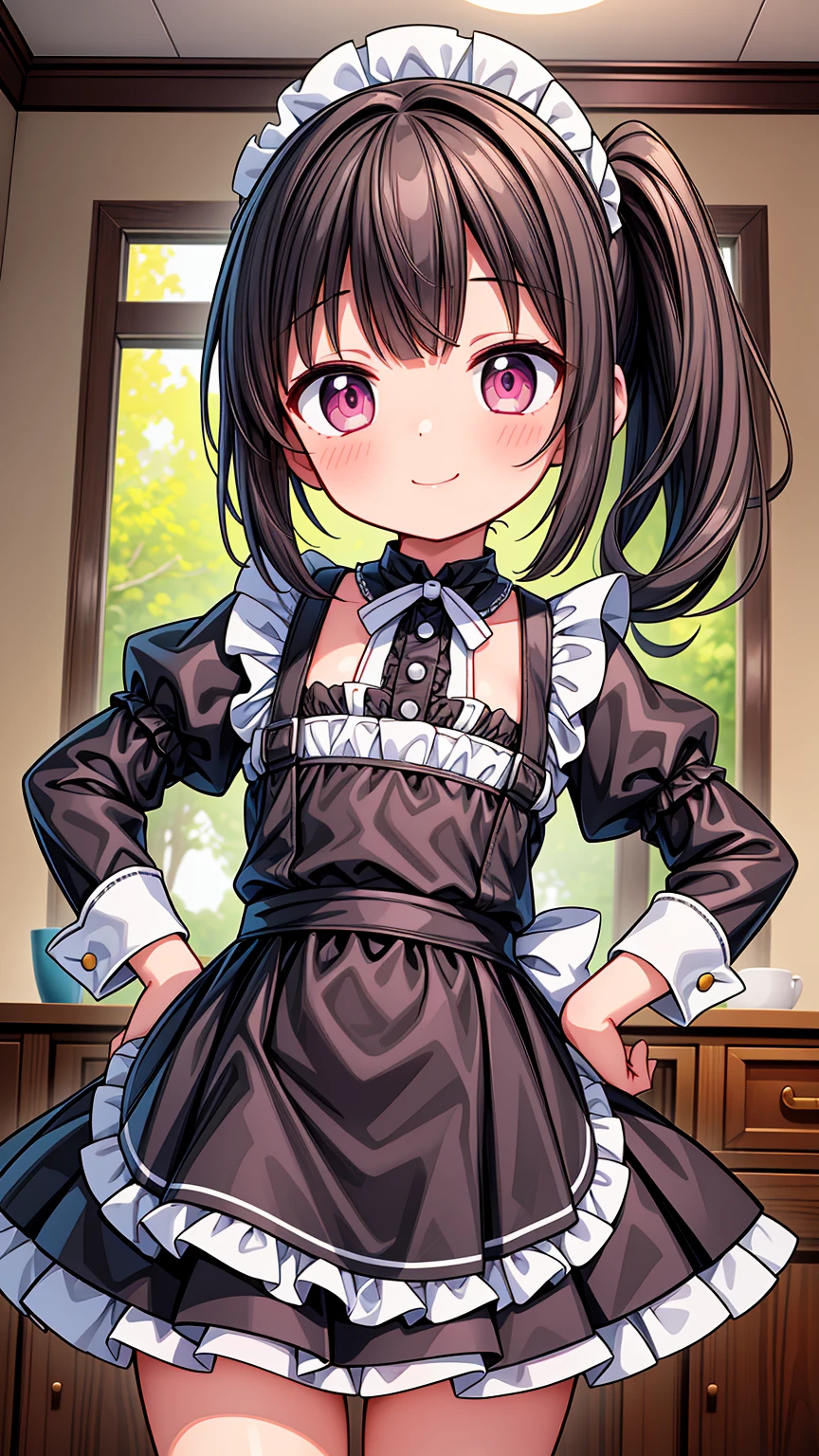 (Highest image quality), (highest quality), (masterpiece), (dynamic lighting), (photo realism), maid uniform, detailed face, ((loli)), ((girl)), (little curve), short black hair, one side ponytail hairstyle, pink eyes, ((very small bust)), (apron), smile, winking, kitchen background, ((very blushing)), ((detailed hands and fingers)), hands on the hips, viewer perspective from below, (blush), more detailed, EasyNegativeV2