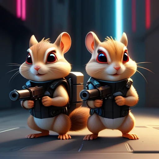 ASCIImasterpiece cartoon of two (((cyberpunk))) chipmunks with guns, bionic (prosthetic arm), glowing red eyes, ((futuristic, dystopian, neon colours)), symmetrical, highly detailed, digital painting, artstation, concept art, sharp focus, illustration, volumetric lighting, epic Composition, 8k, oil painting, cgsociety