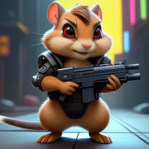 ASCIImasterpiece cartoon of two (((cyberpunk))) chipmunks with guns, bionic (prosthetic arm), glowing red eyes, ((futuristic, dystopian, neon colours)), symmetrical, highly detailed, digital painting, artstation, concept art, sharp focus, illustration, volumetric lighting, epic Composition, 8k, oil painting, cgsociety