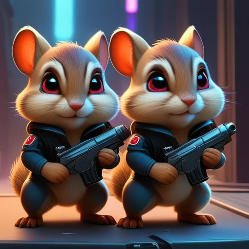 ASCIImasterpiece cartoon of two (((cyberpunk))) chipmunks with guns, bionic (prosthetic arm), glowing red eyes, ((futuristic, dystopian, neon colours)), symmetrical, highly detailed, digital painting, artstation, concept art, sharp focus, illustration, volumetric lighting, epic Composition, 8k, oil painting, cgsociety