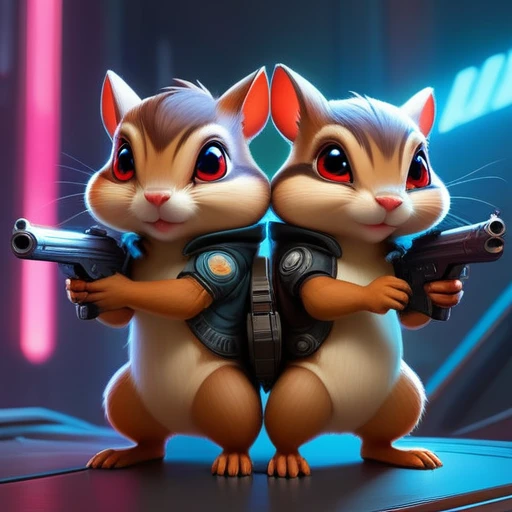 ASCIImasterpiece cartoon of two (((cyberpunk))) chipmunks with guns, bionic (prosthetic arm), glowing red eyes, ((futuristic, dystopian, neon colours)), symmetrical, highly detailed, digital painting, artstation, concept art, sharp focus, illustration, volumetric lighting, epic Composition, 8k, oil painting, cgsociety