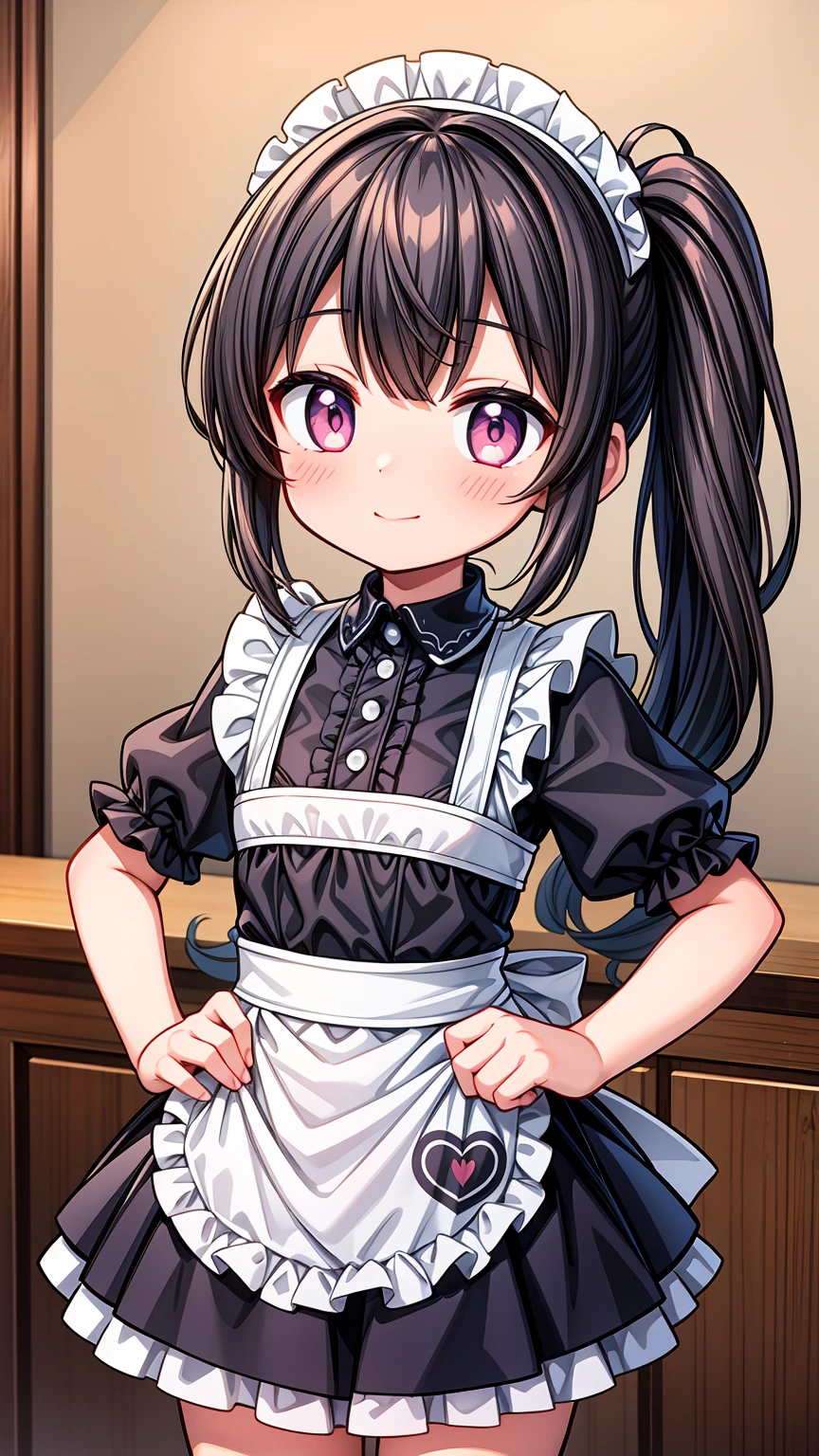 (Highest image quality), (highest quality), (masterpiece), (dynamic lighting), (photo realism), maid uniform, detailed face, (()), ((girl)), (little curve), short black hair, one side ponytail hairstyle, pink eyes, ((very small bust)), (apron), smile, winking, kitchen background, ((very blushing)), ((detailed hands and fingers)), hands on the hips, viewer perspective from below, (blush), more detailed, EasyNegativeV2