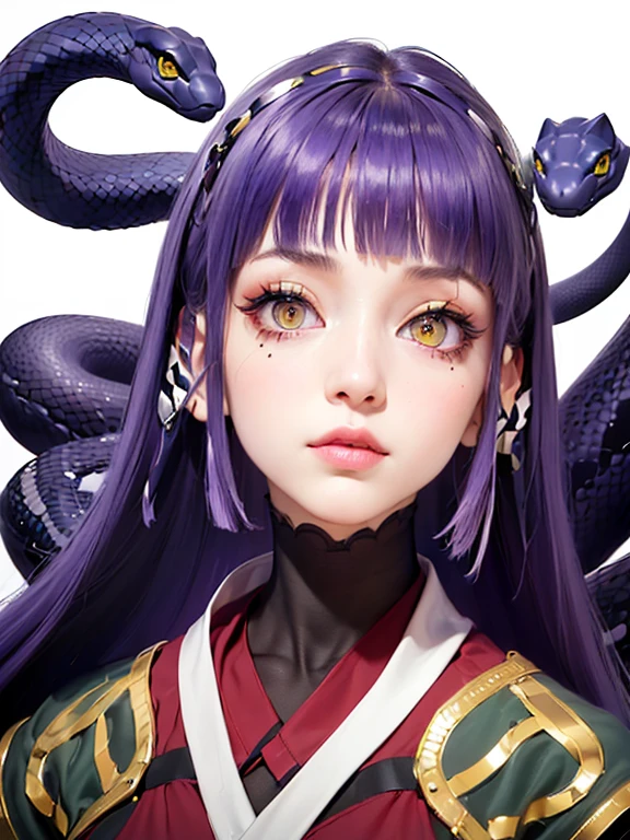 ((ultra realisitic)), ((picture-perfect)), ((face perfect)), ((ultra detaild)), ((close up)), ((perfectbody))a girl with yellow eyes and vertical pupil with purple hair and snake hair