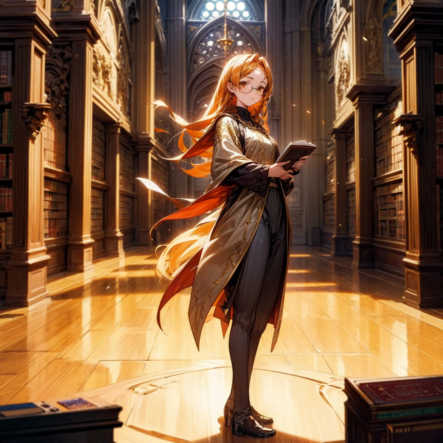 1girl, Full body version, 1character, girl version, almond eyes, long haircut, orange colour hair, sad eyes, glasses, medieval style clothing, gold book in hand, background in indoor Library castle, motion blur, (Hunter x Hunter style art), standing gesture