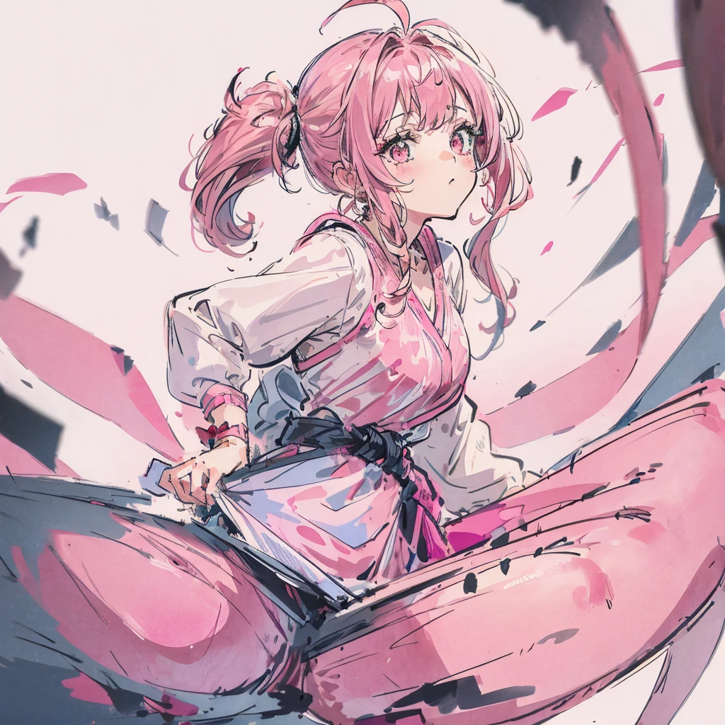 1girl, same girl in many mutliple poses, pink ponytail, messy hair, curly