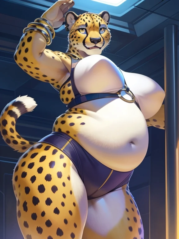 solo, anthro, furry, furry female, cheetah,((short fur,furry, smooth fur)), (cheetahprint), black pupils, golden yellow body, golden yellow fur, glowing silver eyes, glowing eyes, tail, detailed fur, detailed face, detailed eyes, bare chest, (lacey langerie), sci-fi club, (by null-ghost,by raccoon21, masterpiece, high quality, hi-res, 8k, hd), standing,close-view portrait, looking at viewer, night, indoors, happy expression, Dancing, dance pole, stripper, Female cheetah, fat, fat belly, fat thighs, fat arms, lovehandles, big breasts, silver eyes, golden yellow fur, black cheetah markings, black clothing, silver earrings, silver bracelets, silver rings, silver necklaces,