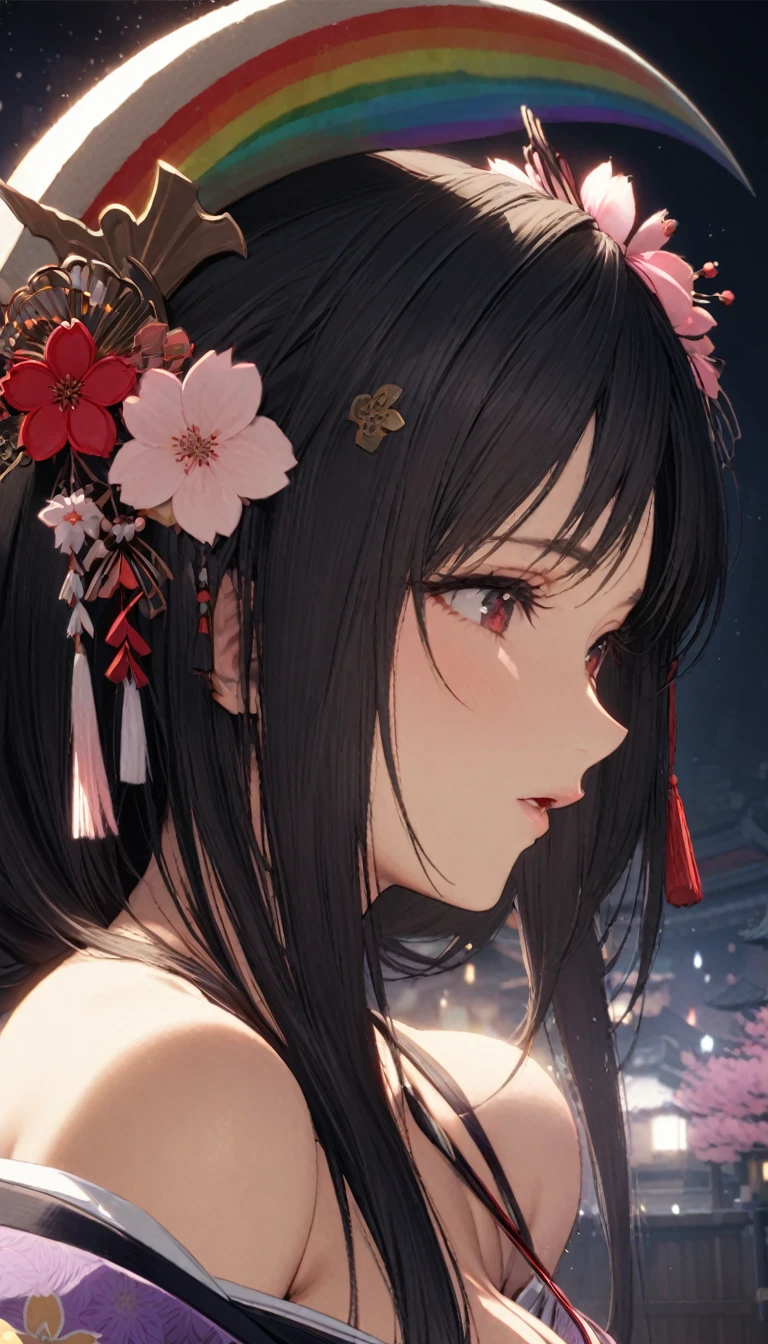 Highest quality, Super quality, 16K, Incredibly absurd, Very detailed, delicate and dynamic, SFW, Natural light, Fine particles reflect rainbow colors, Diffuse reflection of light, Vortex of Light, たくさんのcherry blossoms色の花びらが舞い降りる, Kyoto, Gion, night, Crescent Moon, Create amazing image effects, Upper body close-up, (, cute sexy girl, big busts, Sensual expression, peacefulness, Elegant, Charm, lure, geisha, hair ornaments, cherry blossoms, Flower storm, black long hair, Japanese traditional kimono, Tifa Lockhart Final Fantasy VII)