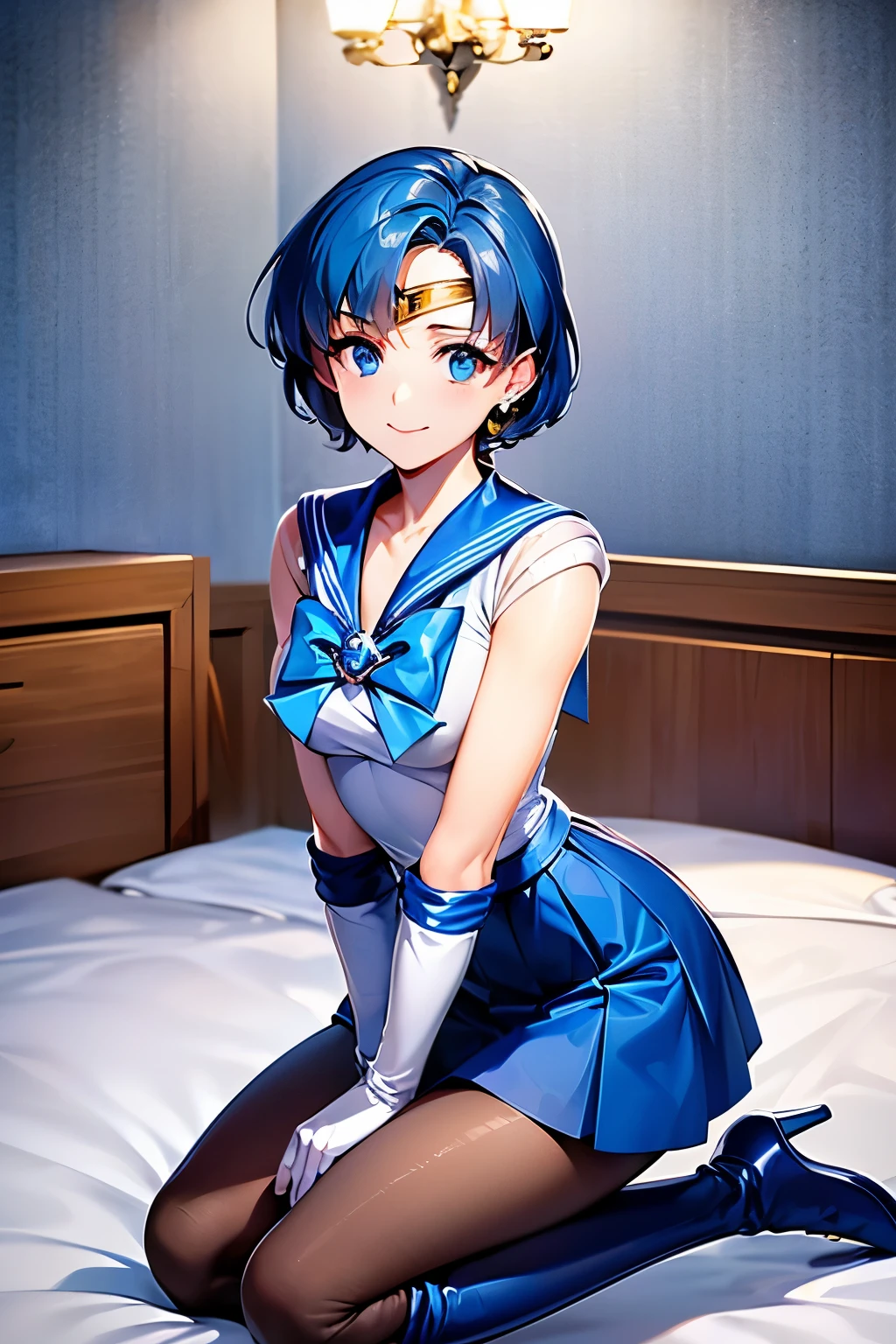 Highest quality, (masterpiece:1.2), Very detailed, 
One girl, alone,
View your viewers, smile, Medium chest, 
Water Eye, Blue Hair, Medium-long hair、Permed hair、((pantyhose))、Bedroom、((Sailor Mercury))、((Long gloveini skirt)、((Knee-high boots))、(Kneeling)