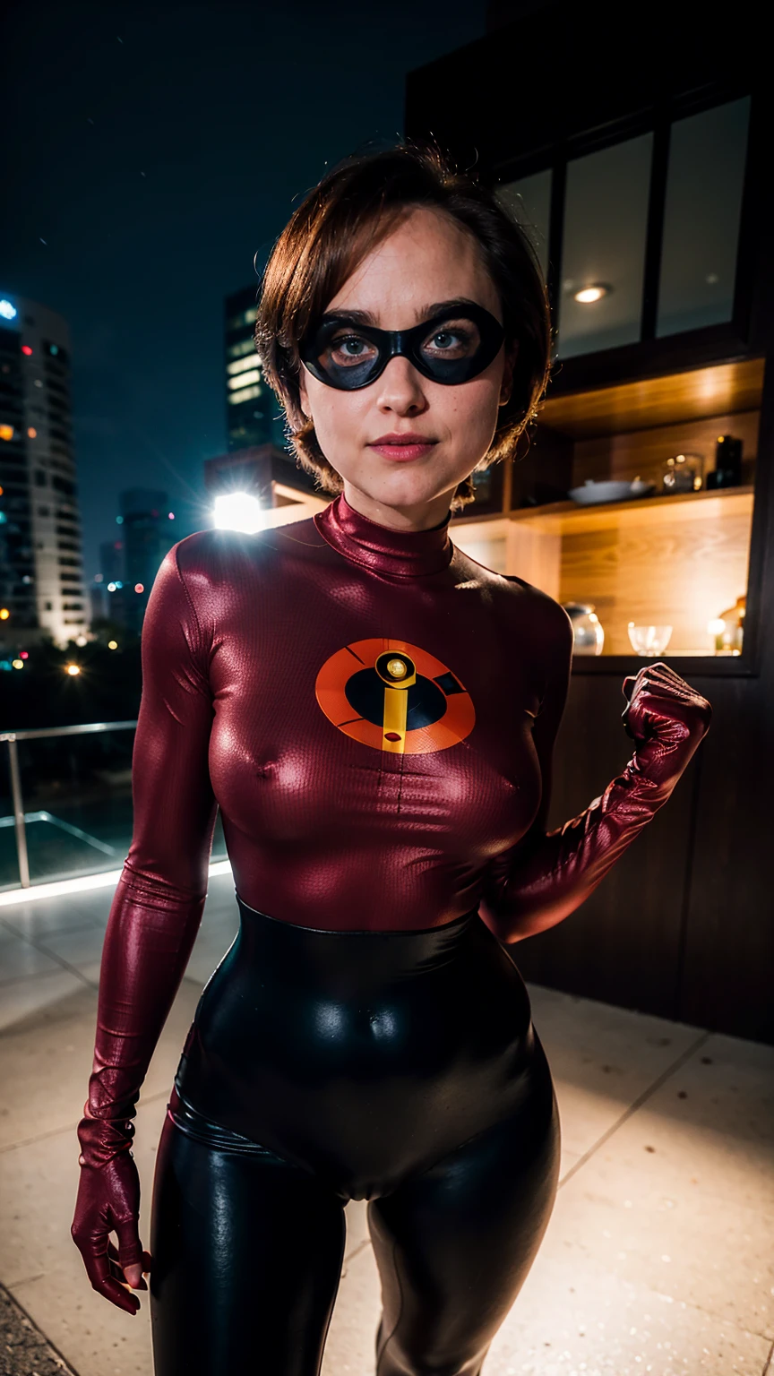 (masterpiece), (solo character), (photorealistic:1.4), ),(best quality), (the Incredibles red top bodysuit),, (Dakota Johnson wearing the Incredibles red bodysuit) ), (Dakota Johnson in Helen Parr hairstyle), (helen short hairstyle), (flashphoto), (epiCRealLife), (lora:epiCFlashPhoto), (wearing thighhigh), (the incredibles elbow gloves), (Dakota Johnson the wearing Incredibles black mask), (cowboy shots), (pose for picture)