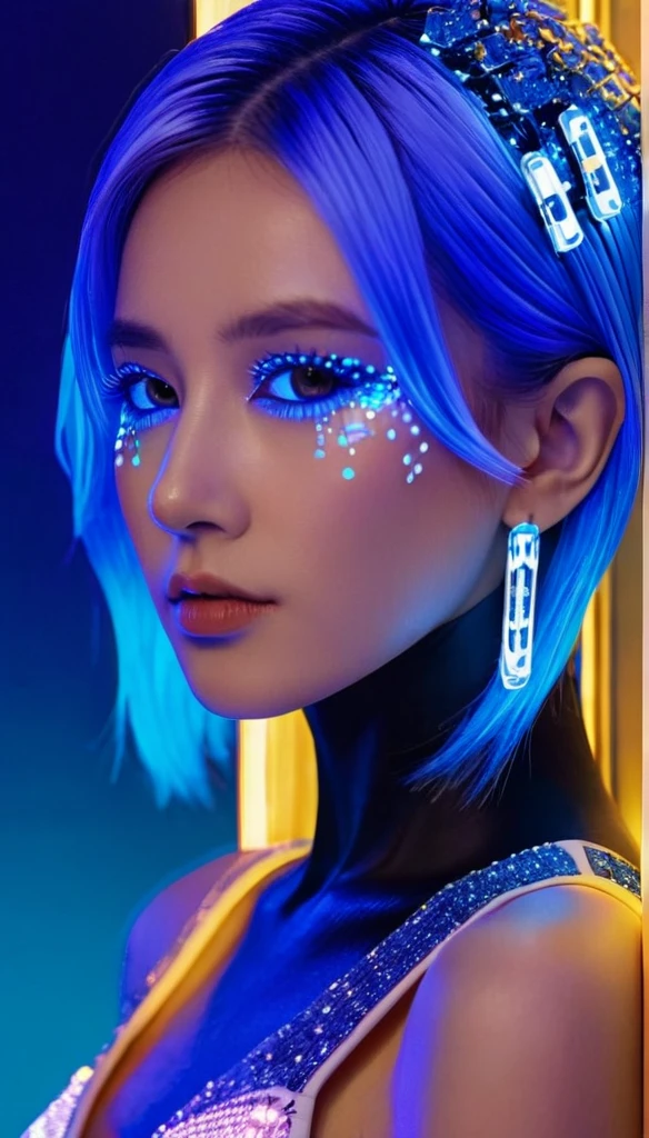 Woman with half robot face with blue neon lights, white  hair, head full of diamonds 