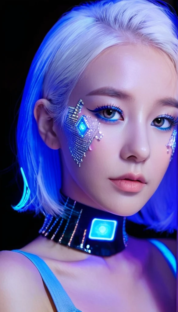Woman with half robot face with blue neon lights, white hair, head full of diamonds