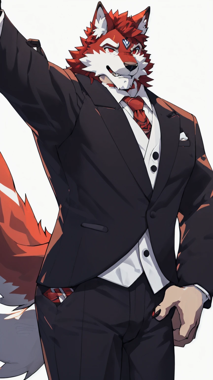 Orange background,high resolution,4K,masterpiece,high quality,35 years old,((Wolfdog)),male,((whole body:1.4,Strike a pose:1.5,Mature:1.3,grimace in pain:1.4)),WolfdogFurry,(Uncle figure:1.5,hairy),((Moderate:1.2)),((Strong body:1.5,Long legs:1.3,big ear:1.3,Thick long tail,(((Suit 1:3))),(((White hair:1.4,Red hair:1.2,Wild muscles:1.4,Red eyes:1.4,White chest:1.6,White belly:1.6,Red limbs:1.6,Red and white tail:1.3))),Delicate eyes:1.6,Fine details,Detailed body,(Detailed hand details:1.4)