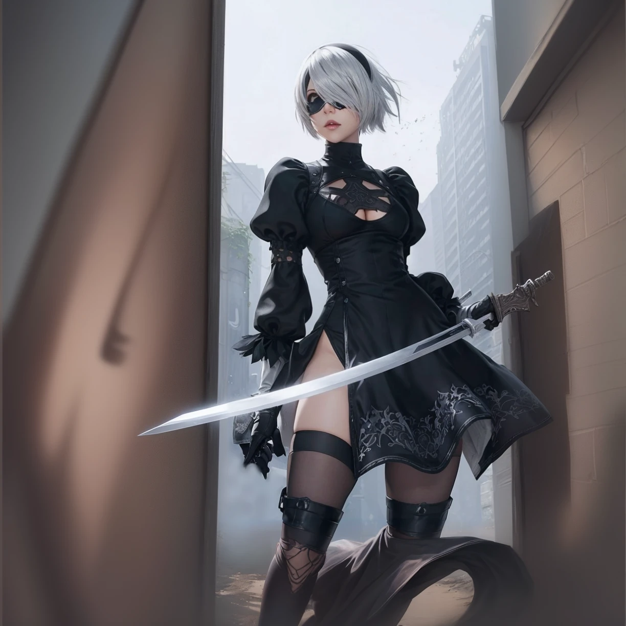Anime girl with sword and black outfit posing for a photo、2B Nier オートマトン、Nier:Automaton Inspired、Nier オートマタ インスパイア、Nier オートマタの 2 B、Nier オートマタの 2b、2 b、Nier インスパイアー、Nier 2 b、Bad anime 8k、Nier、Female Assassin、8k high quality detailed art