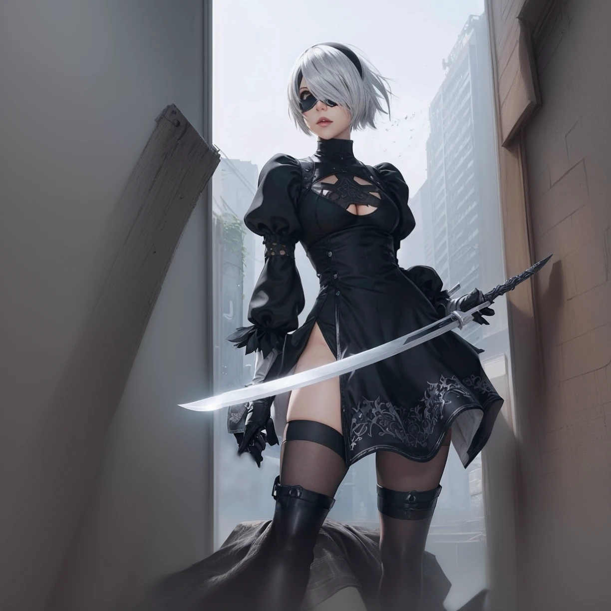 Anime girl with sword and black outfit posing for a photo、2B Nier オートマトン、Nier:Automaton Inspired、Nier オートマタ インスパイア、Nier オートマタの 2 B、Nier オートマタの 2b、2 b、Nier インスパイアー、Nier 2 b、Bad anime 8k、Nier、Female Assassin、8k high quality detailed art