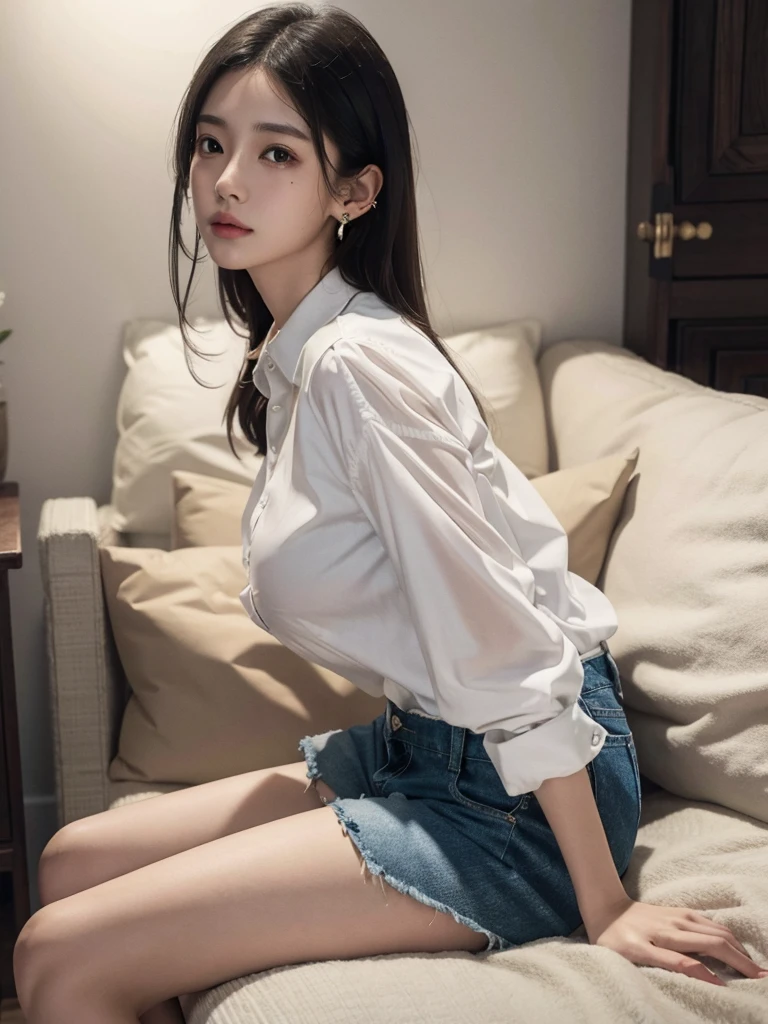 absurdres, RAW photo, extremely delicate and beautiful, masterpiece, Best Quality, ultra high resolution, 32k, hyperrealistic, ultra-detailed, perfect figure, in her 20s, very small head, very small face, delicate facial features, tearful mole, earring, huge breasts, huge breasts, full body shot, medium hair, black hair, collared shirt, shorts, legs,