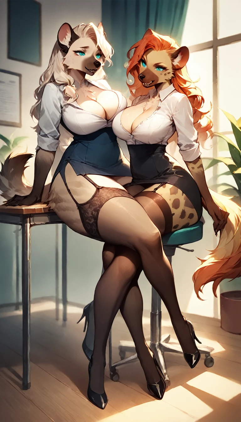 score_9, score_8_up, score_7_up, score_6_up, score_5_up, score_4_up, (two girls) (sitting on top of other), female anthro hyena, secretary clothes, skirt, high heels, lusty, fluffy body, long blond hair, turquoise eyes, (thick thighs:1.5)((( offering the breasts))) sex partial clothes, (((cleavage))) semi-butonned uniform niform, (barely_visible_booba)  , giant breasts, garter belt tights 