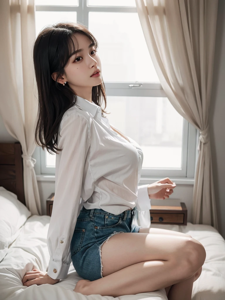 absurdres, RAW photo, extremely delicate and beautiful, masterpiece, Best Quality, ultra high resolution, 32k, hyperrealistic, ultra-detailed, perfect figure, in her 20s, very small head, very small face, delicate facial features, tearful mole, earring, huge breasts, huge breasts, full body shot, medium hair, black hair, collared shirt, shorts, bare legs,