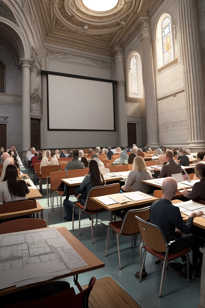 large auditorium full of architects attending a lecture and class on architectural sketches. Show a blond man, bald and with the physique of an Italian giving a lecture and showing an architecture sketch as an example. Speaker near students. Place full of architects. Perfect and undistorted people, Perfect, distortion-free hand. Drawings on the table. well lit place.