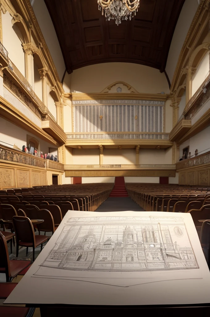large auditorium full of architects attending a lecture and class on architectural sketches. Show a blond man, bald and with the physique of an Italian giving a lecture and showing an architecture sketch as an example. Speaker near students. Place full of architects. Perfect and undistorted people, Perfect, distortion-free hand. Drawings on the table. well lit place.