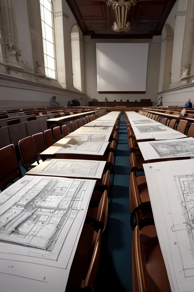large auditorium full of architects attending a lecture and class on architectural sketches. Show a blond man, bald and with the physique of an Italian giving a lecture and showing an architecture sketch as an example. Speaker near students. Place full of architects. Perfect and undistorted people, Perfect, distortion-free hand. Drawings on the table. well lit place.