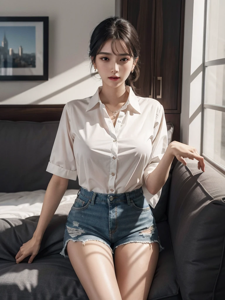 absurdres, RAW photo, extremely delicate and beautiful, masterpiece, Best Quality, ultra high resolution, 32k, hyperrealistic, ultra-detailed, perfect figure, in her 20s, very small head, very small face, delicate facial features, tearful mole, earring, huge breasts, huge breasts, full body shot, medium hair, black hair, collared shirt, shorts, bare legs,