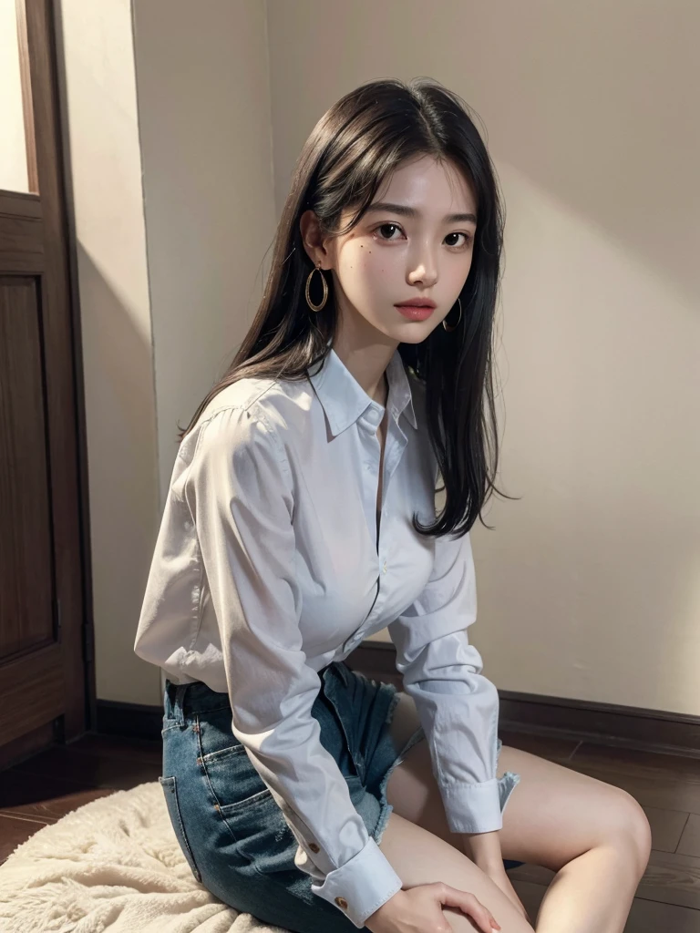 absurdres, RAW photo, extremely delicate and beautiful, masterpiece, Best Quality, ultra high resolution, 32k, hyperrealistic, ultra-detailed, perfect figure, in her 20s, very small head, very small face, delicate facial features, tearful mole, earring, huge breasts, legs, full body shot, medium hair, black hair, colored inner hair, sweat, school_uniform,