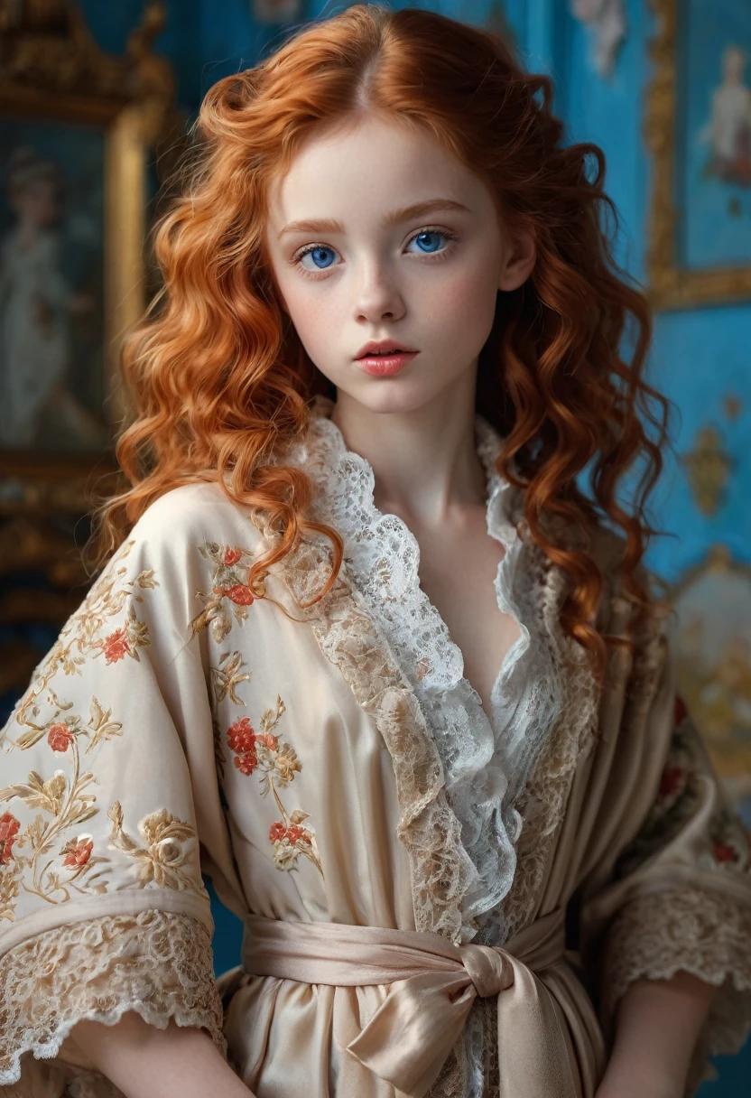 In a rococo atelier、(flat!!!! tiny!!!! chest), (6!!!!! year old girl), very young extremely!!!!!! pretty!!!!!!!!! beautiful!!!!!!! face, blue eyes, pale skin, Oil painting model, wearing a beige open!!!!! robe, anorexic!!!!!!, emaciated!!!!!!!!!!!!!, very skinny!!!!!!, (very short!!!!!!!!!!!!!!), tiny!!!!!. Highly detailed, 8K, short!!!!!!!!!, 1girll, boney!!!!!!, firered!!!!!! long wavy curly hair, redhead!!!!!!!!!!!! , (Perfect_Face), Convoluted, Dramatic Lighting, 4K, Detailed_Background, Caustics, from a_Side!!!!!, (eye contact!!!!!), (looking at camera!!!!!!).