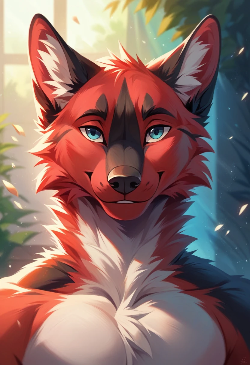 solo male, white hyeena furry, smiling, red fur, Black fur stripe, netral, illustration, portrait, beautiful, particles (high quality,4k,8k,highres,masterpiece:1.2), ultra-detailed, impressionistic:colorful,