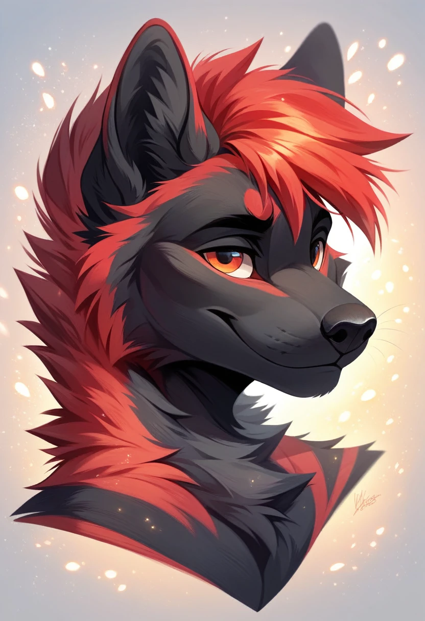 solo male, white hyeena furry, smiling, red fur, Black fur stripe, netral, illustration, portrait, beautiful, particles (high quality,4k,8k,highres,masterpiece:1.2), ultra-detailed, impressionistic:colorful,