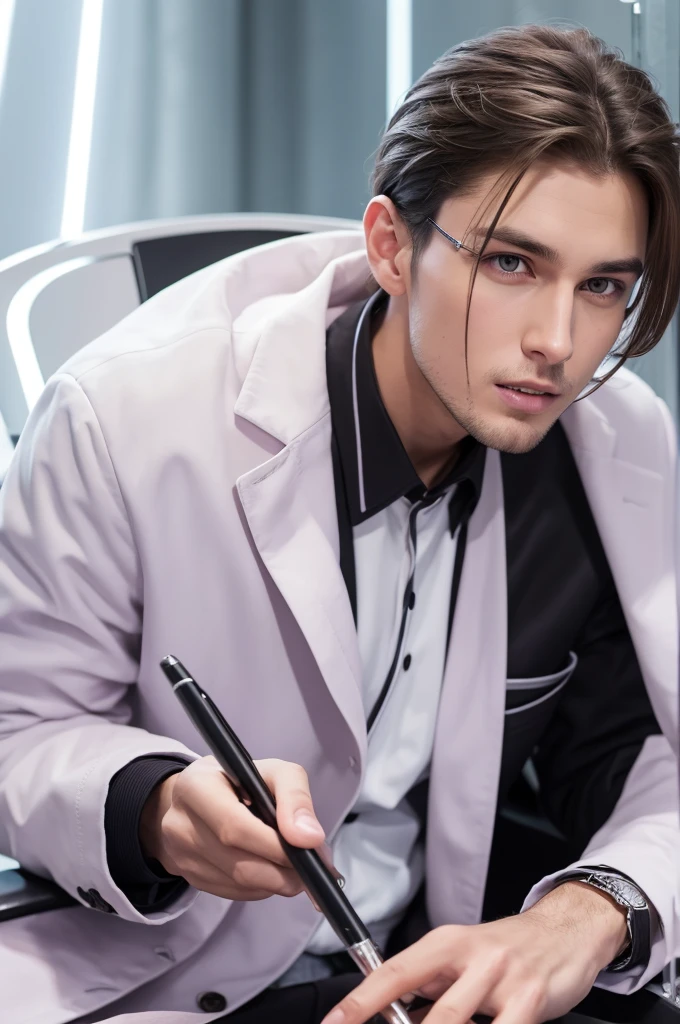 Serious, handsome, good-looking young man, slim, brown hair, purple eyes, cyber laboratory, dark future laboratory, researcher, white lab coat, biting a pen, biting a ballpoint pen with teeth, thinking, sitting in a luxurious black chair