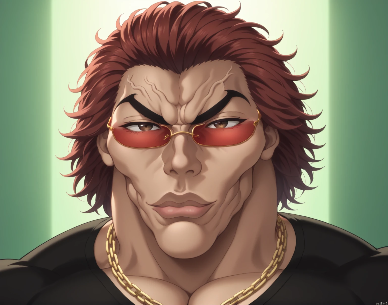 score_9, score_8_up, score_7_up, YujiroHanma, 1boy, male focus, solo, black shirt, chain necklaces, gold, sunglasses, red-tinted eyewear, muscular male, pupils, brown eyes, red hair, manly, veins, dynamic lighting, extremely detailed, portrait, lips, very veiny, glare, green background,