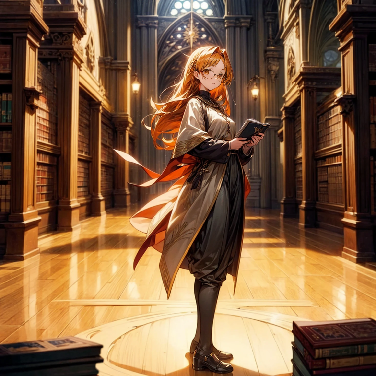 1girl, Full body version, 1character, girl version, almond eyes, long haircut, orange colour hair, sad eyes, glasses, medieval style clothing, gold book in hand, background in indoor Library castle, motion blur, (Hunter x Hunter style art), standing gesture