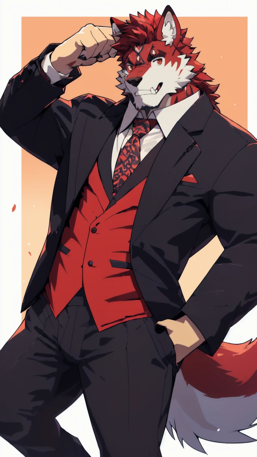 Orange background，high resolution，4K，masterpiece，high quality，35 years old，((Wolfdog))，male，((whole body:1.4，Strike a pose:1.5，Mature:1.3，grimace in pain:1.4))，WolfdogFurry，（Uncle figure:1.5，hairy），((Moderate:1.2))，((Strong body:1.5，Long legs:1.3，big ear:1.3，Thick long tail，(((Suit 1:3)))，(((White hair:1.4，Red hair:1.2，Wild muscles:1.4，Red eyes:1.4，White chest:1.6，White belly:1.6，Red limbs:1.6，Red and white tail:1.3)))，Delicate eyes:1.6，Fine details，Detailed body，（Detailed hand details:1.4）