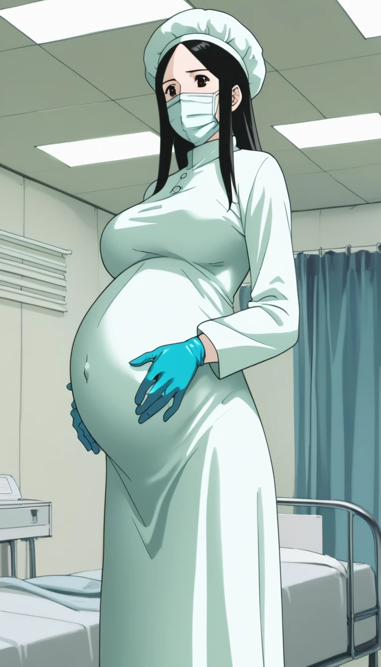score_9, score_8_up, score_7_up, source_anime, raw image, masterpiece, highest quality, kasuganoray, pale skin, shy eyes, long black hair, big breasts, scrubs, surgical mask, bouffant cap, long sleeve maternity dress, seamless, navel head, long white stockings,
1girl, pregnant, solo, long rubber gloves, looking down, furrowed brow, hospital bed, light shines from the ceiling, standing, patient room background,