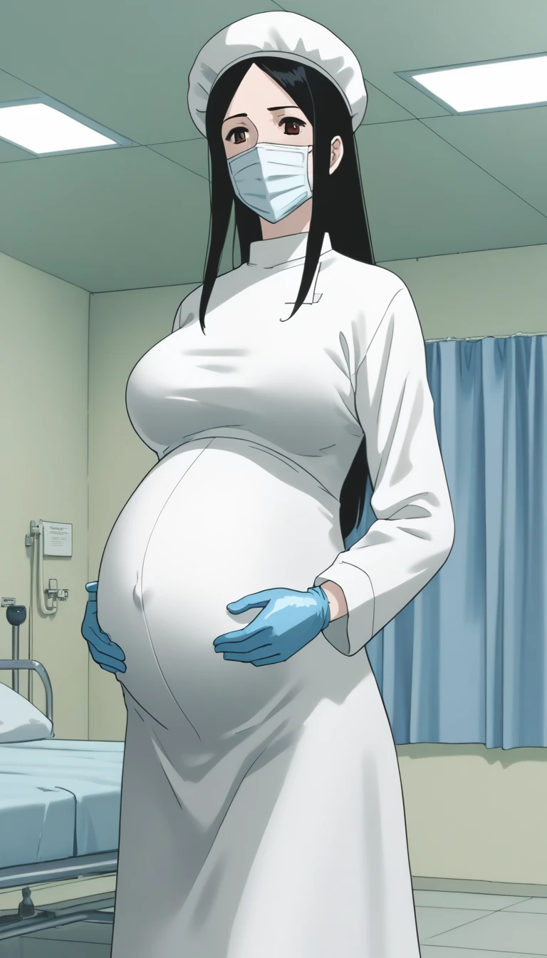 score_9, score_8_up, score_7_up, source_anime, raw image, masterpiece, highest quality, kasuganoray, pale skin, shy eyes, long black hair, big breasts, scrubs, surgical mask, bouffant cap, long sleeve maternity dress, seamless, navel head, long white stockings,
1girl, pregnant, solo, long rubber gloves, looking down, furrowed brow, hospital bed, light shines from the ceiling, standing, patient room background,