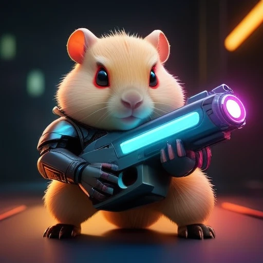 ASCIImasterpiece cartoon of two (((cyberpunk))) cute capybaras with guns, bionic (prosthetic arm), glowing red eyes, ((futuristic, dystopian, neon colours)), symmetrical, highly detailed, digital painting, artstation, concept art, sharp focus, illustration, volumetric lighting, epic Composition, 8k, oil painting, cgsociety