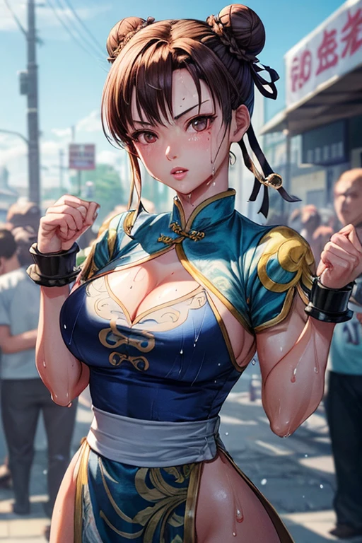 masterpiece,Highest quality, Unreal Engine, Super Resolution, Very detailed,
1 Girl, Waist, thin, (Muscular:0.8)
Round Breasts, Big Breasts, bold,  Lips parted, Observe the audience,
Are standing, sexy pose
Waist shot,
Simple background anime style, Key Visual,
Hair Bun, Blue Chinese clothing, Chunli, Street Fighter,Sticky with sweat,Clothes are also wet, 