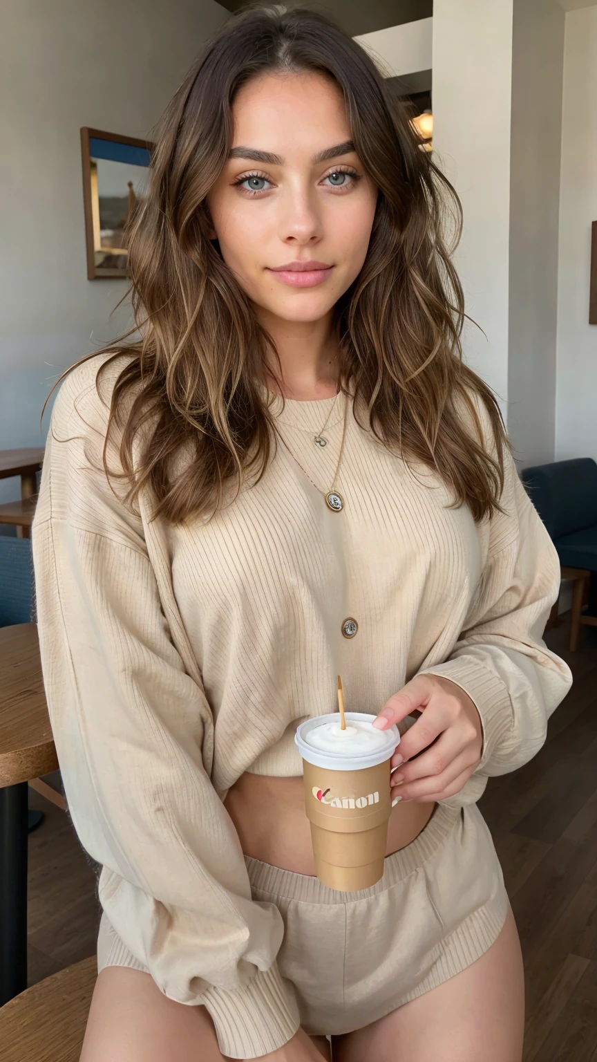 Beautiful brunette with blonde highlights wearing a beige sweater (Drinking soda at a cafe), Very detailed, 22 years old, Innocent face, Naturally Wavy Hair, blue eyes, High resolution, masterpiece, Highest quality, Exquisite and detailed, Very detailedな, Sharp focus, Detailed skin, realistic skin texture, texture, Fine grain, Professional, 4K, Cute Smile, Shot with Canon, 85mm, Shallow depth of field, Kodak Vision Color, perfect fit body, Very detailedな, photo shootr_\(Ultra\), Photorealistic, Real Stick, After treatment, Maximum details, Roughness, Real Life, Ultra realist, Photorealism, photo shoot, 8K UltraHD, photo shoot
