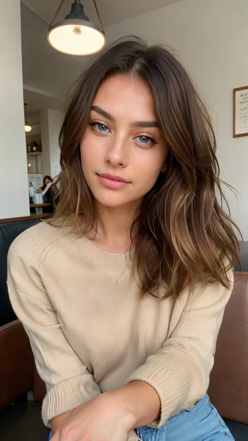 Beautiful brunette with blonde highlights wearing a beige sweater (Drinking soda at a cafe), Very detailed, 22 years old, Innocent face, Naturally Wavy Hair, blue eyes, High resolution, masterpiece, Highest quality, Exquisite and detailed, Very detailedな, Sharp focus, Detailed skin, realistic skin texture, texture, Fine grain, Professional, 4K, Cute Smile, Shot with Canon, 85mm, Shallow depth of field, Kodak Vision Color, perfect fit body, Very detailedな, photo shootr_\(Ultra\), Photorealistic, Real Stick, After treatment, Maximum details, Roughness, Real Life, Ultra realist, Photorealism, photo shoot, 8K UltraHD, photo shoot