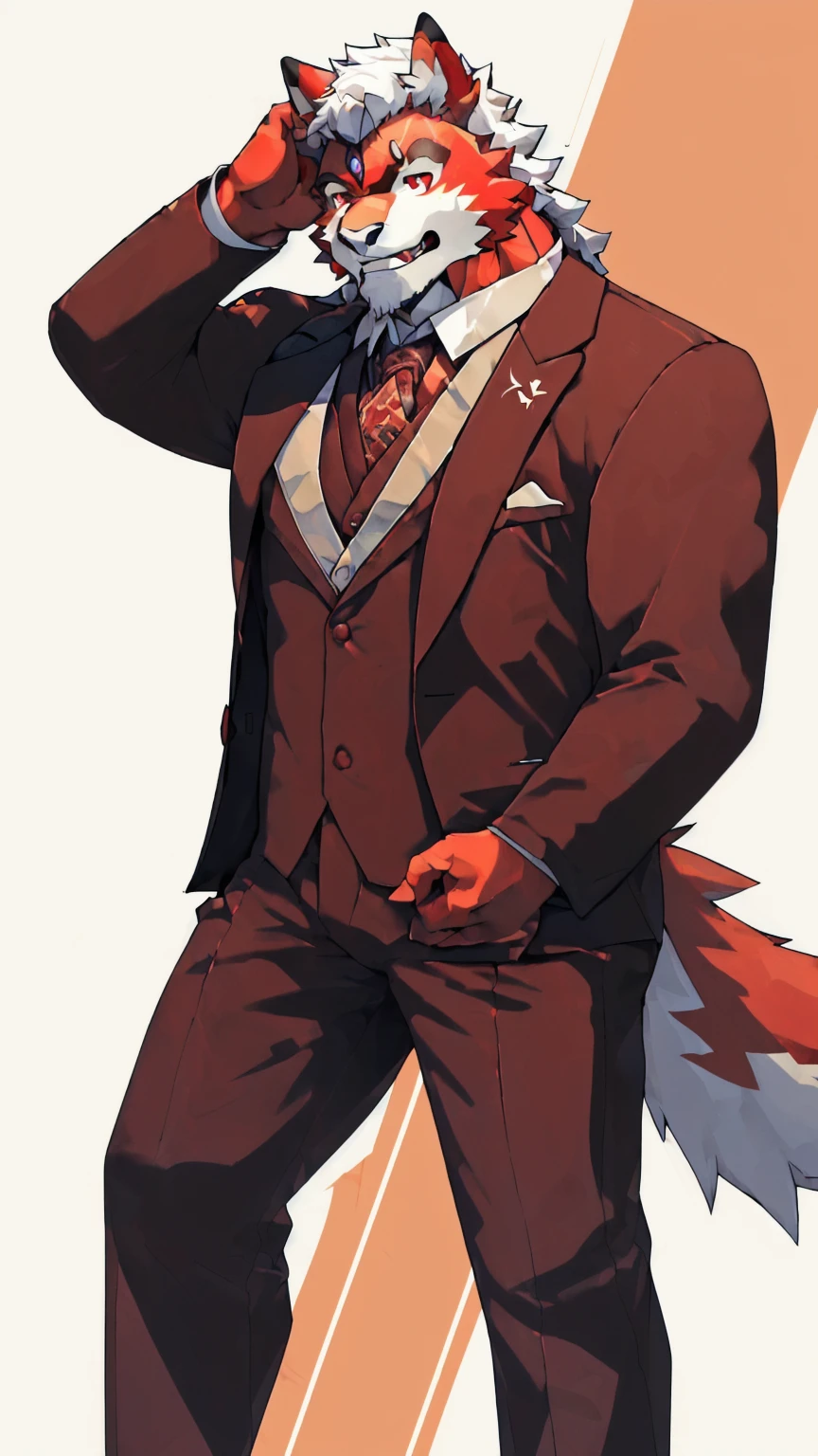 Orange background,high resolution,4K,masterpiece,high quality,35 years old,((Wolfdog)),male,((whole body:1.4,Strike a pose:1.5,Mature:1.3,grimace in pain:1.4)),WolfdogFurry,(Uncle figure:1.5,hairy),((Moderate:1.2)),((Strong body:1.5,Long legs:1.3,big ear:1.3,Thick long tail,(((Suit 1:3))),(((White hair:1.4,Red hair:1.2,Wild muscles:1.4,Red eyes:1.4,White chest:1.6,White belly:1.6,Red limbs:1.6,Red and white tail:1.3))),Delicate eyes:1.6,Fine details,Detailed body,(Detailed hand details:1.4)