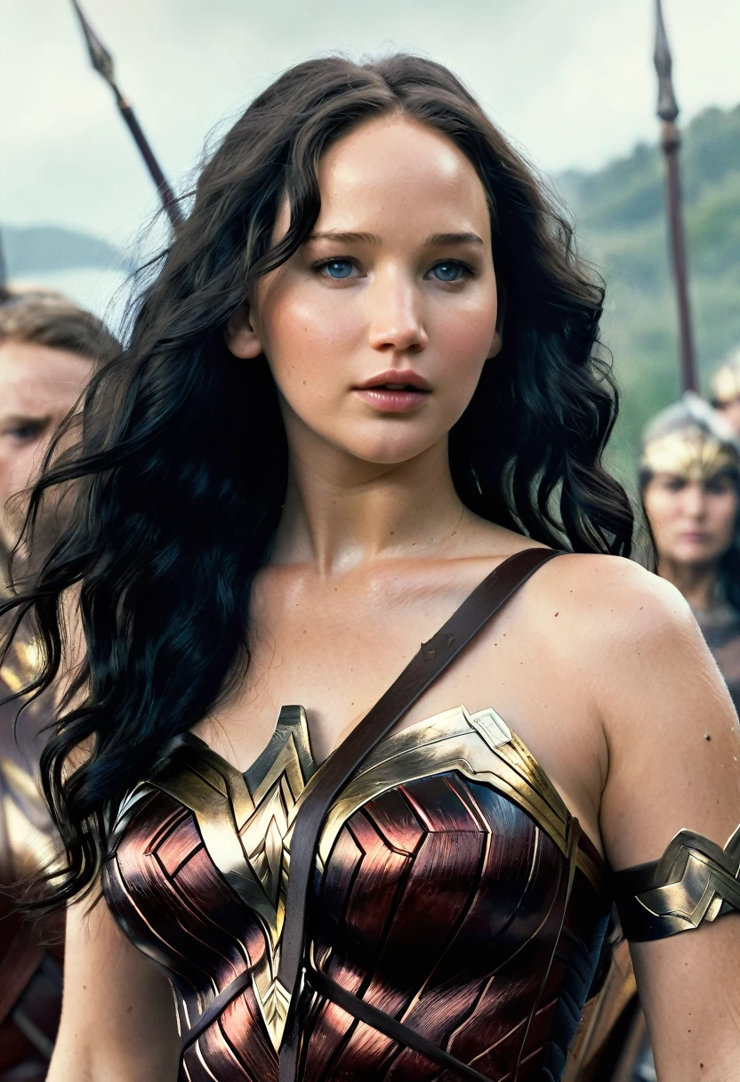 (((Very close up (((Midjourney Images))),(((wallpaper))),(((Jennifer Lawrence))),(((long black hair)))under the mantle of the Amazon warrior Wonder Woman Diaema Wonder Woman frontal images color images Splash))),(((Jennifer Lawrence))),(((black hair Largo))),(((black hair))),(((Diaema Wonder Woman))),(((wallpaper)))