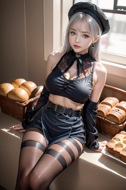 (perky chest:1.2), (pointed chest:1.2),(Pudding cake magazine cover:1.3),(from below:1.2),(shoot from the side:1.1),(((Black Tunic:1.3))),(((cakes and bread in the basket),a 23yo Cute and beautiful girl,masterpiece、highest quality、Very detailed、Beautiful fine details、Detailed landscape、Braided Ponytail、Red camisole、((B cup breasts, Tank top showing underboob:1.0)), thigh strap, bangs, necktie, earrings, nail polish, fishnet pantyhose, silver hair, looking at viewer, full body, bottle, own hands together, belt, food, ring, choker, english text paper:1.2, collared shirt, blue eyes, hat,lace-up boots ,