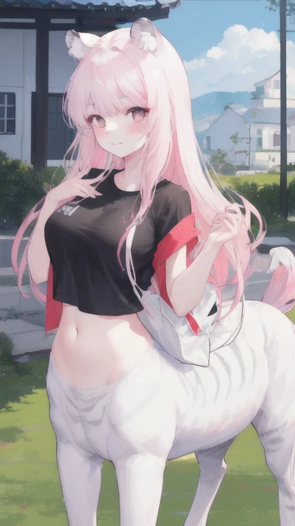 (best quality, masterpiece), 1 girl, centaur, It takes, White skin, Korean ,daughter, black pink,Smiling, exposing the abdomen, belly button t-shirt , 아름다운 소녀 perfect white tiger photo, perfect white tiger photo