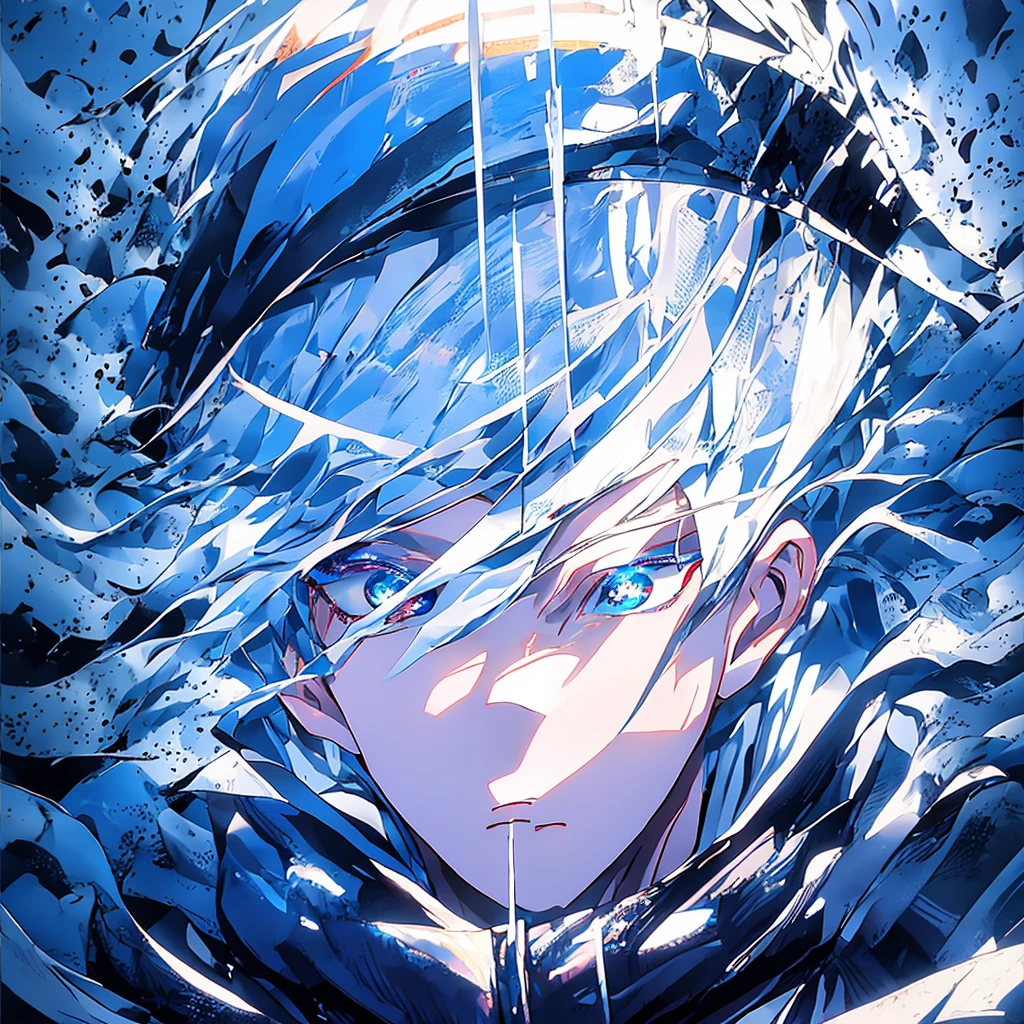 gojou satoru, 1boy, fullbody, white hair, blue bright eyes, looking to the viewer, best quality, black blindfold, high collar, one eye covered