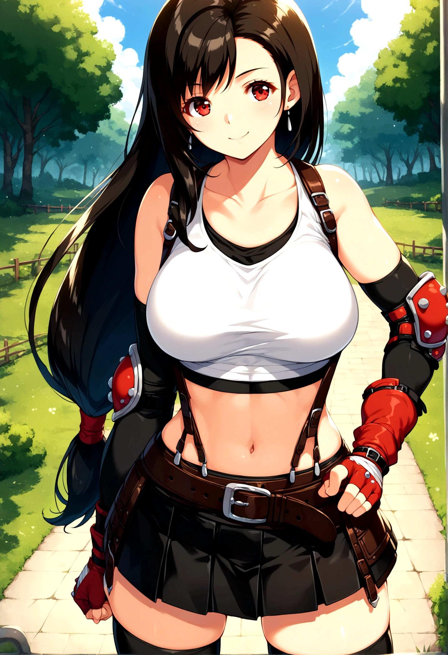 score_9, score_8_up, score_7_up,,BREAK , ,from front,front view,front angle,pov,straight-on,,standing,contrapost, ,,straight-on,Solo ,1girl, tifa lockhart, final fantasy, tareme,black hair, low-tied long hair, red eyes, bangs, (white tank top, belt, pleated skirt, thighhighs, elbow fingerless gloves, elbow pads, midriff, navel,suspender skirt) ,(large_breast),(light smile),fist,hand on own hip,daytime,outdoor,(ultra detailed),(best quality),(aesthetic,very aesthetic),UHD,extremely detailed CG unity 8k wallpaper,anime,depth of field,,,
