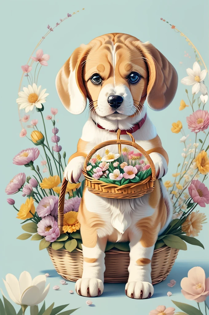 (comely bebê de beagle, ears down, smiling with a basket of flowers) Munchkin,Multidimensional geometric wall picture, Artbook, tchibi,
o 08k, comely, Coloring,
artworks, of the highest quality, best qualityer, offcial art, comely and Aesthetic,