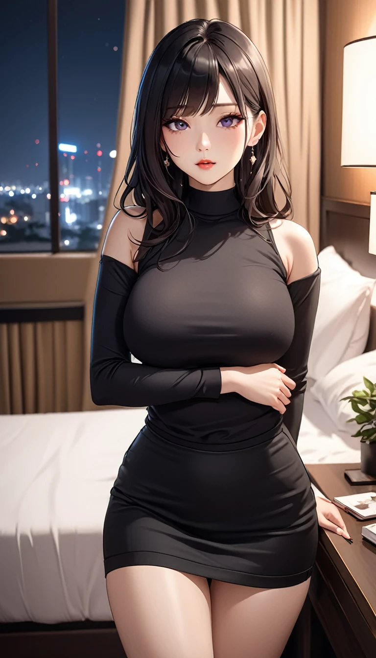 masterpiece, high resolution, beautiful woman, Korean Beauty, 30 years old, black sleeve less sweater, mini pencil skirt, beautiful woman, night hotel, looking at me, high resolution face, (high resolution eyes), black hair, curvy
