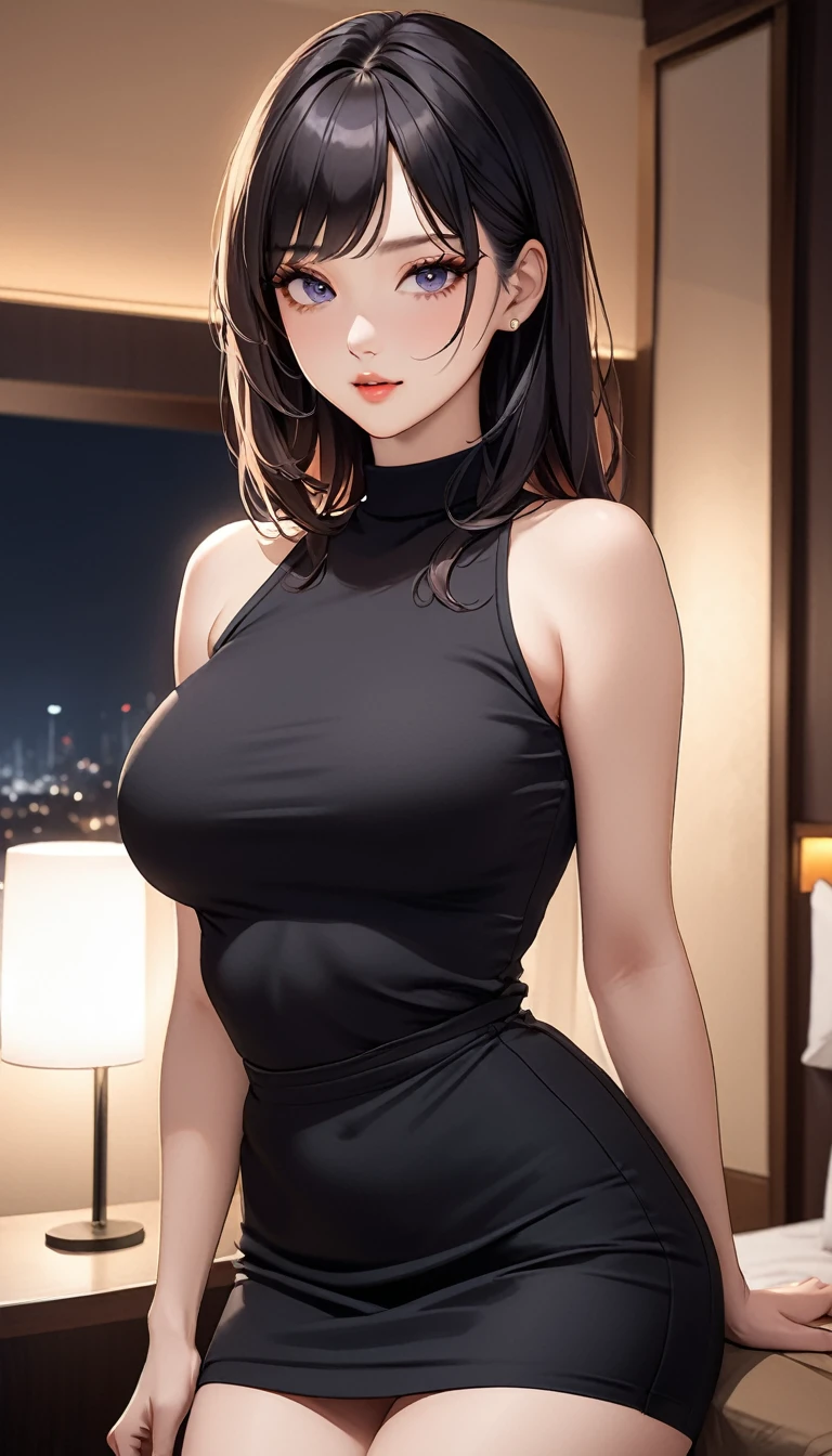 masterpiece, high resolution, beautiful woman, Korean Beauty, 30 years old, black sleeve less sweater, mini pencil skirt, beautiful woman, night hotel, looking at me, high resolution face, (high resolution eyes), black hair, curvy
