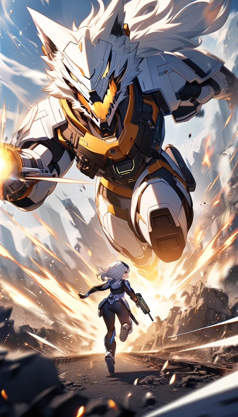 sci-fi fantasy style, hightech starlight, a white wolf wearing a power suit, firing a plasma pistol, running across a battlefield, furious expression, dynamic light, cinematic BG, high detail, intricate design